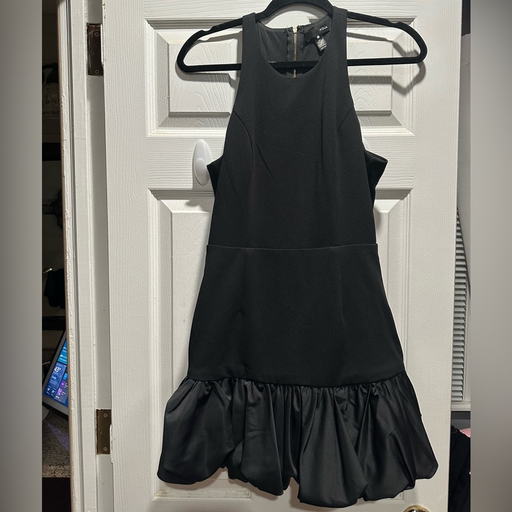 Aqua Black Sleeveless Ruffle-Hem Prom Dress